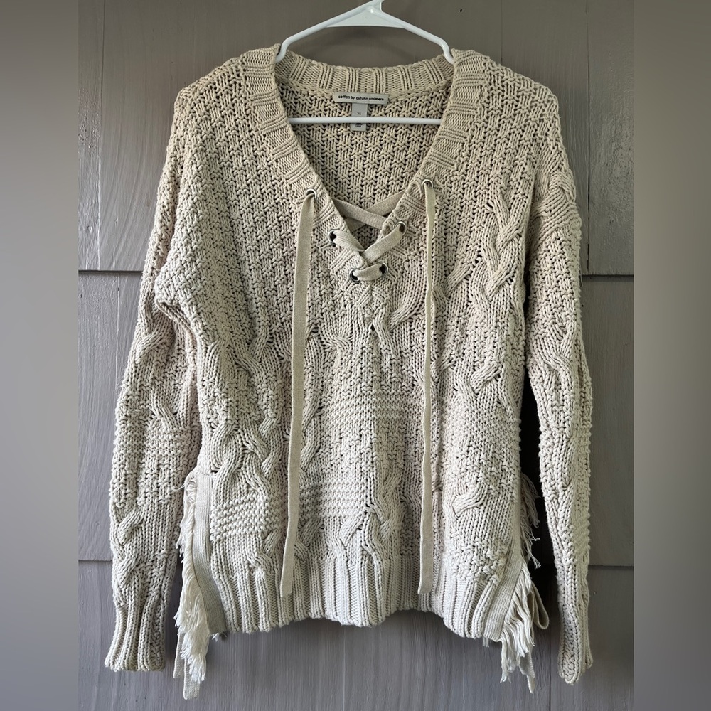 Cable Knit Beige Sweater with Fringe and Ties Fisherman Preppy